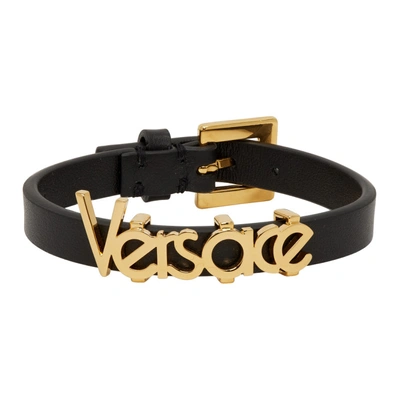 Versace Logo Lettering Leather Bracelet In Black