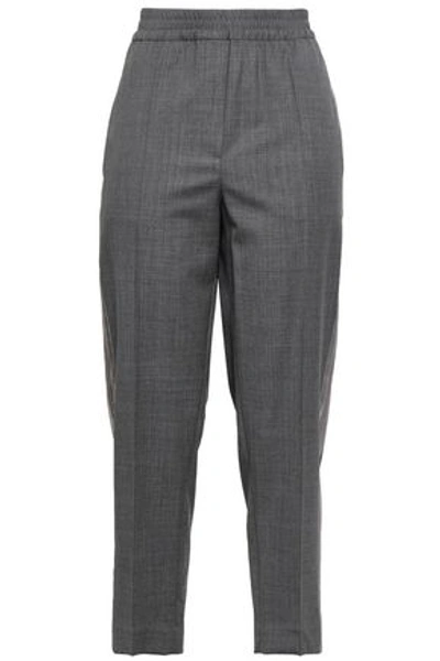Brunello Cucinelli Woman Bead-embellished Satin-trimmed Wool Tapered Trousers Dark Grey