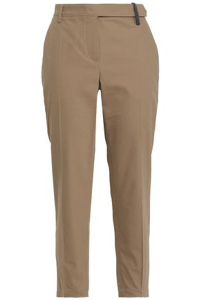 Brunello Cucinelli Woman Bead-embellished Stretch-cotton Gabardine Tapered Trousers Mushroom In Sand