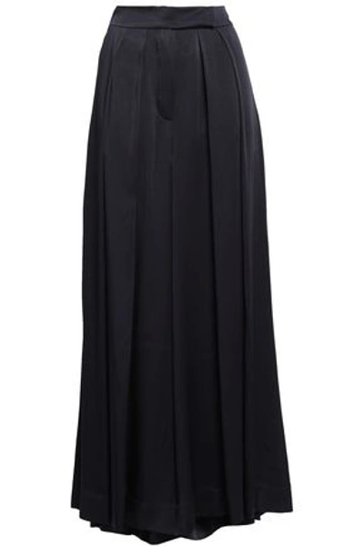 Brunello Cucinelli Woman Pleated Crepe-satin Wide-leg Trousers Navy