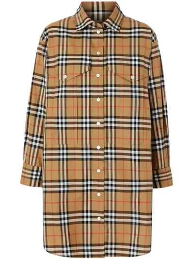 Burberry Vintage Check Stretch Cotton Oversized Shirt In Antique Yel Ip Chk