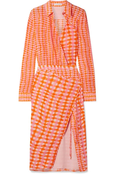 Altuzarra Constantina Wrap-effect Checked Silk Crepe De Chine Midi Dress In Orange