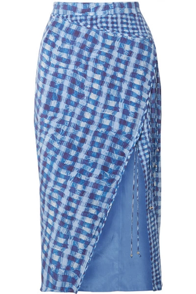 Altuzarra Cicero Wrap-effect Checked Silk Crepe De Chine Midi Skirt In Blue