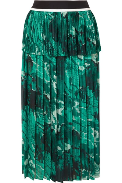 Victoria Victoria Beckham Pleated Printed Satin Crepe-paneled Chiffon Midi Skirt In Forest Green