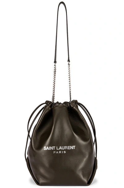 Saint Laurent 'teddy' Logo Print Small Leather Drawstring Bucket Bag In Black