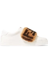 FENDI SHEARLING-TRIMMED LEATHER SNEAKERS