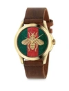GUCCI G-Timeless Embroidered Bee Goldtone Stainless Steel and Leather Strap Watch