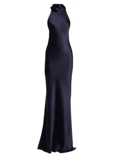 Galvan Sienna Halterneck Silk Gown In Dark Blue