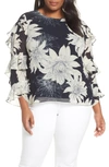 VINCE CAMUTO PAGODA BLOSSOMS TIERED RUFFLE SLEEVE BLOUSE,9229081