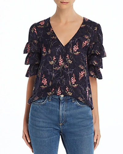 Rebecca Taylor Tiered Ruffle Sleeve Silk Blend Blouse In Navy Combo