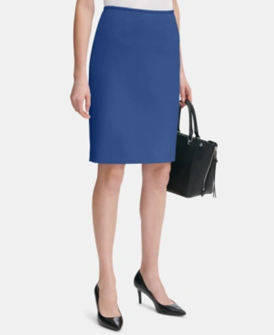 Calvin Klein Petites Womens Faux Suede Professional Pencil Skirt In Blue