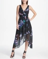 DKNY FLORAL CHIFFON V-NECK MIDI WRAP DRESS WITH BELT