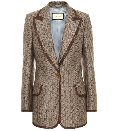 Gucci Gg Pattern Floral Embroidered Trim Blazer Jacket - 大地色 In Brown