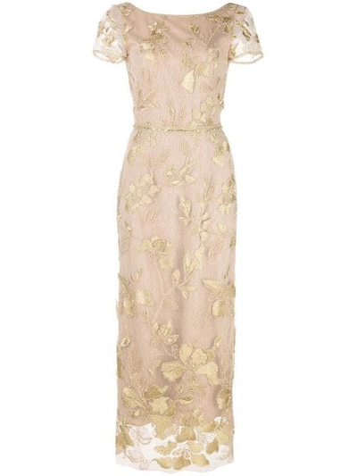Marchesa Notte Embellished Embroidered Tulle Midi Dress In Gold