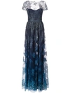 MARCHESA NOTTE SHEER FLORAL EMBROIDERED GOWN