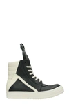 RICK OWENS GEOBASKET BLACK AND WHITE LEATHER SNEAKERS,10831530