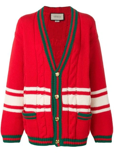 Gucci + Chateau Marmont Embroidered Striped Cable-knit Wool Cardigan In Red