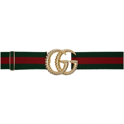 Gucci Elastic Web Belt W/ Textured Gg Buckle In Green