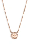 Tory Burch Delicate Crystal Logo Pendant Necklace In Rose Gold