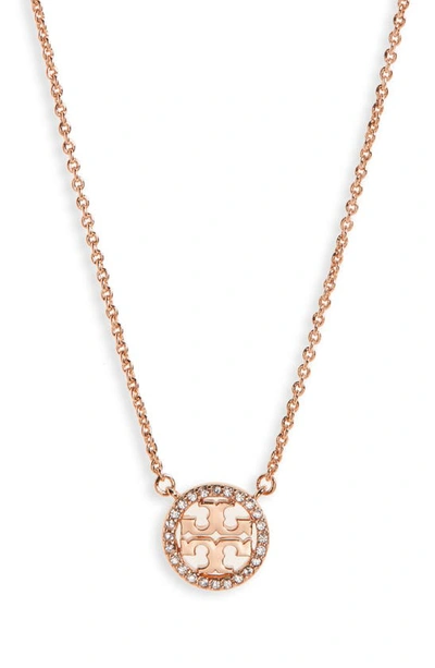 Tory Burch Delicate Crystal Logo Pendant Necklace In Gold