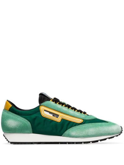 Prada Green, Black And Yellow Milano 70 Suede And Mesh Sneakers In Mango