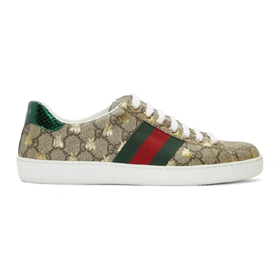 Gucci Beige & Brown Gg Supreme Bees Ace Sneakers In Green