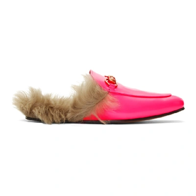 Gucci Men's Princetown Fur-lined Fluorescent Leather Slippers In Fluorescent Fuchsia Leather