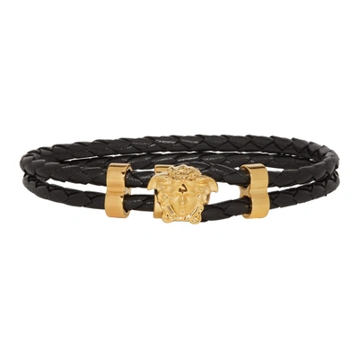 Versace Medusa-charm Braided Leather Bracelet In Black