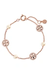 Tory Burch Crystal & Pearly Delicate Logo Bracelet In Rose Gold