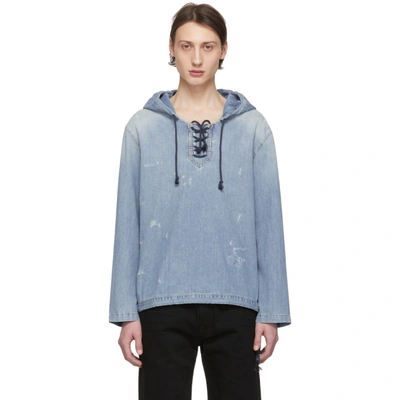 Saint Laurent Distressed Detail Lace Up Hooded Jacket In Blue