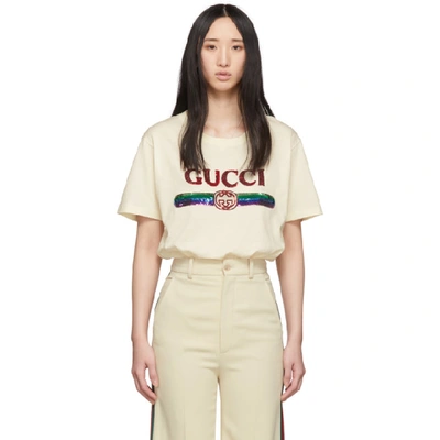 Gucci Crewneck Short-sleeve Cotton T-shirt With Sequined Logo In White