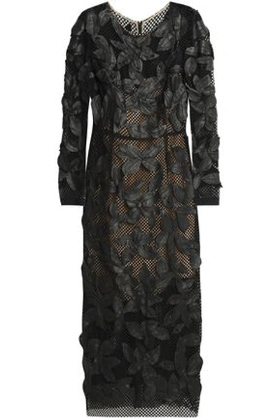 Oscar De La Renta Woman Leather-appliquéd Cotton-blend Guipure Lace Midi Dress Black