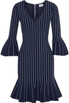 MILLY MILLY WOMAN FLUTED PINSTRIPED STRETCH-KNIT MINI DRESS NAVY,3074457345620047803
