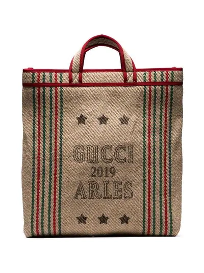 Gucci Beige Juta Arles Print Straw Tote Bag - 棕色 In Brown