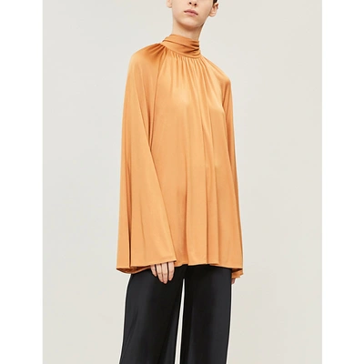 The Row Merrian Twisted-neck Charmeuse Blouse In Rust