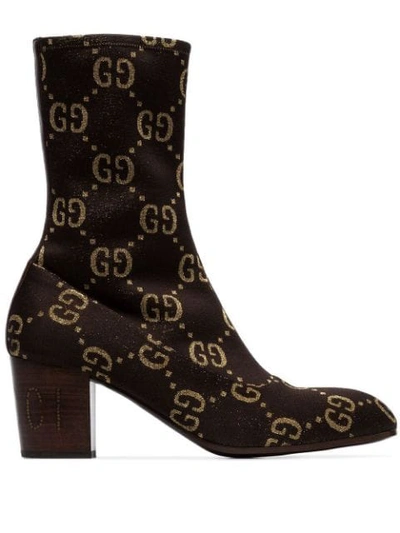 Gucci Leather-trimmed Logo-jacquard Boots In 棕色