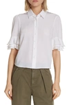 Frame Silk Flutter-sleeve Button-front Top In White