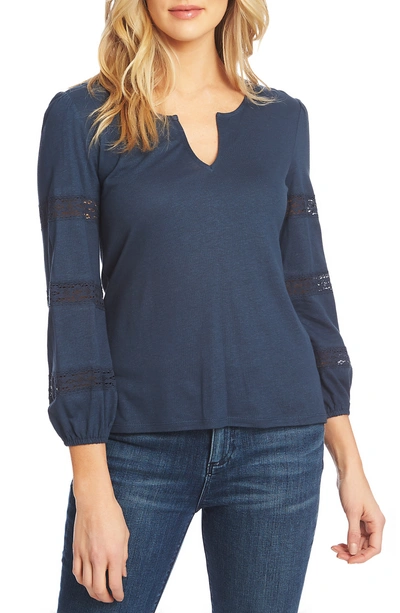 1.state Split Neck Knit Top W/ Lace Inset In Midnight Sky