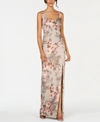Adrianna Papell Metallic Floral-print Gown In Slate/blush Multi