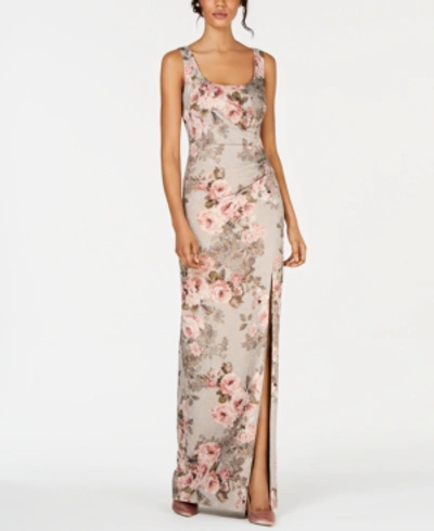 Adrianna Papell Metallic Floral-print Gown In Slate/blush Multi