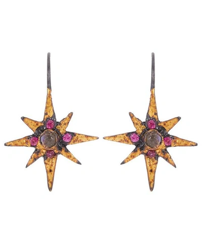 Acanthus Oxidised Silver Elizabeth Diamond And Ruby Star Drop Earrings In Gold