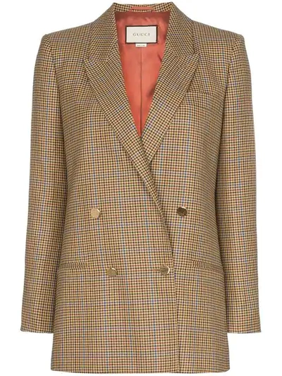 Gucci Houndstooth Checked Linen Blazer In Brown