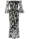 MARCHESA NOTTE FLORAL EMBROIDERED BARDOT MAXI DRESS
