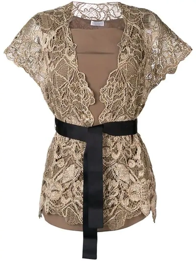 Brunello Cucinelli Belted Lace Top In Gold