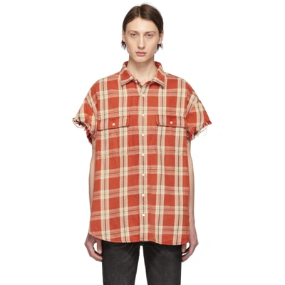 R13 Frayed Cuff Check Plaid Oversized Short Sleeve Shirt In Red Plaid