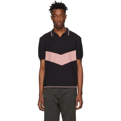 Golden Goose Ribbed Knit Polo Shirt In Navy/pink