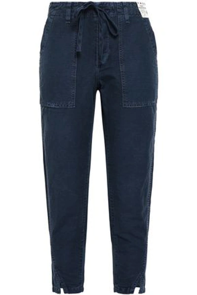 Amo Woman Cropped Linen And Cotton-blend Tapered Trousers Navy