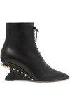 FERRAGAMO BLEVIO STUDDED LEATHER WEDGE ANKLE BOOTS