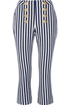 BALMAIN CROPPED BUTTON-EMBELLISHED STRIPED COTTON-DRILL FLARED PANTS