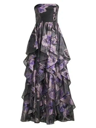 Aidan Mattox Floral-print Strapless Ruffle-skirt Gown In Black Multi